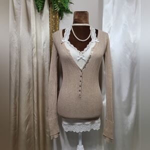 ♡ Y2K ♡ Abercrombie Tan Brown Ribbed Henley Sweater Long Sleeve Button Down
